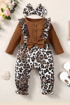 Light Gray Leopard Bow Round Neck Long Sleeve Jumpsuit Trends