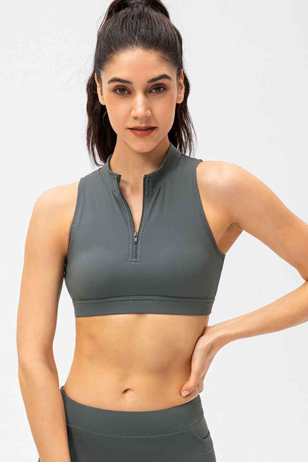 Dark Slate Gray Go Hard Full Size Cropped Cutout Back Zipper Front Active Tank Top activewear