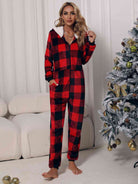 Gray Plaid Zip Front Long Sleeve Hooded Lounge Jumpsuit Gifts