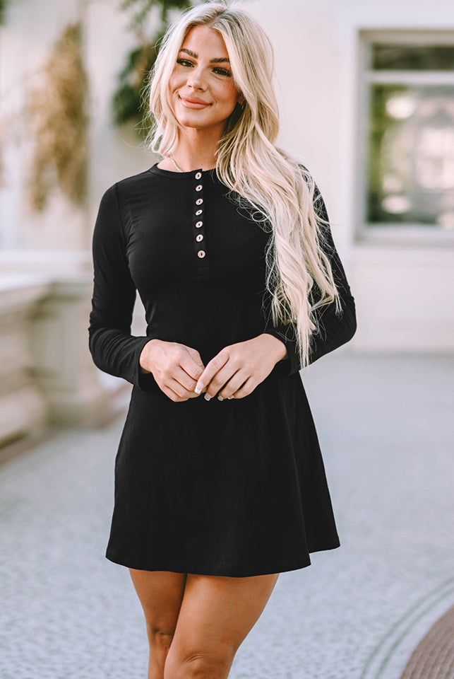 Gray Round Neck Long Sleeve Buttoned Mini Dress Clothing
