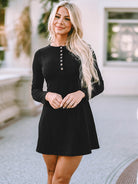 Gray Round Neck Long Sleeve Buttoned Mini Dress