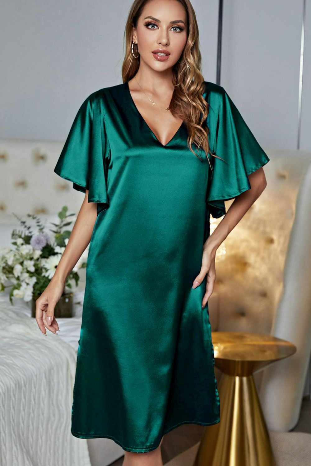 Dark Gray Satin Flutter Sleeve Side Slit V-Neck Night Dress Clothing