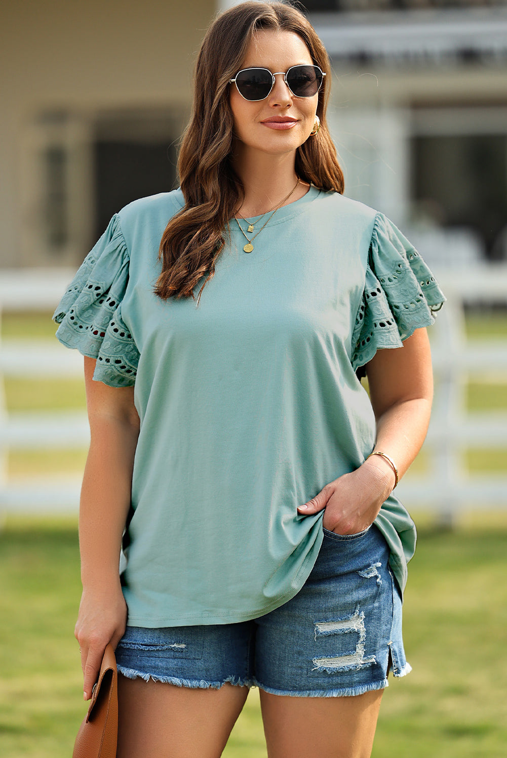 Light Slate Gray Plus Size Butterfly Sleeve Round Neck Top Plus Size Clothes