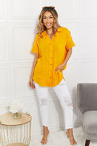 Light Gray Zenana Full Size Summer Breeze Gauze Short Sleeve Shirt in Mustard Tops
