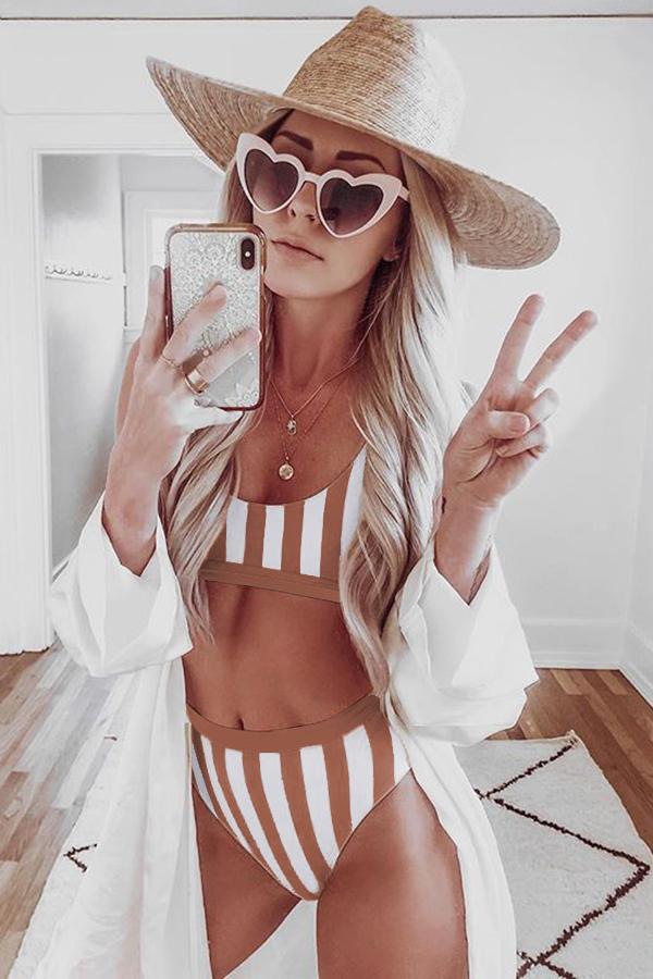 Gray Do It Better Striped Bikini Set Swimwear