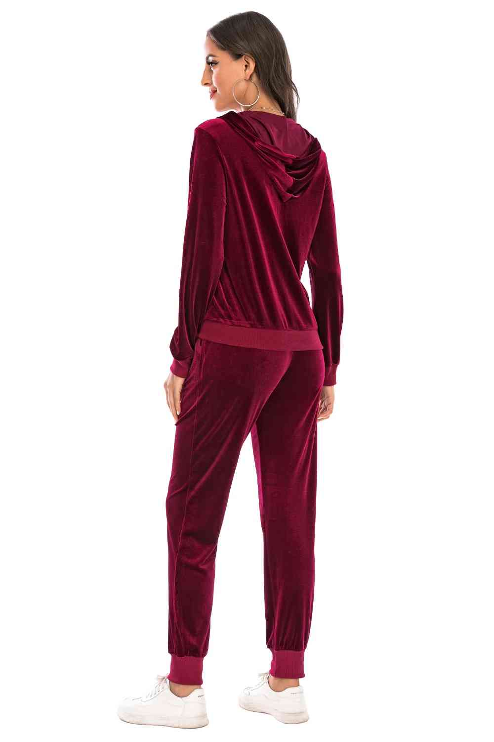 Dark Red Zip-Up Hooded Jacket and Pants Set New Year Looks
