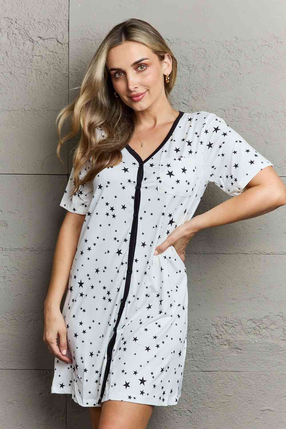 Gray MOON NITE Quilted Quivers Button Down Sleepwear Dress Clothing