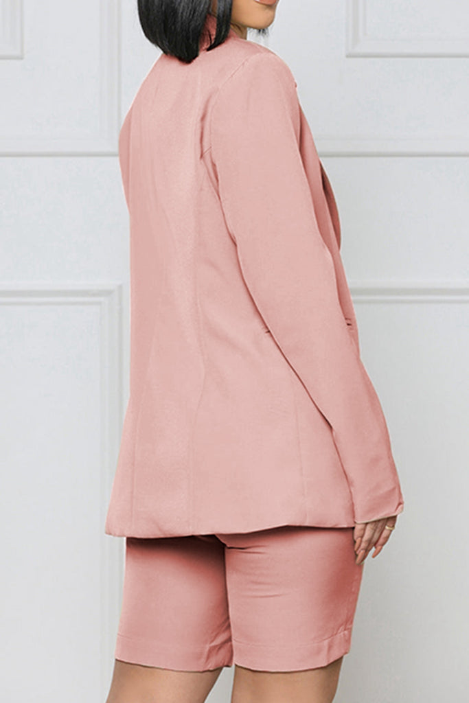 Light Gray Long Sleeve Blazer and Shorts Set Outfit Sets