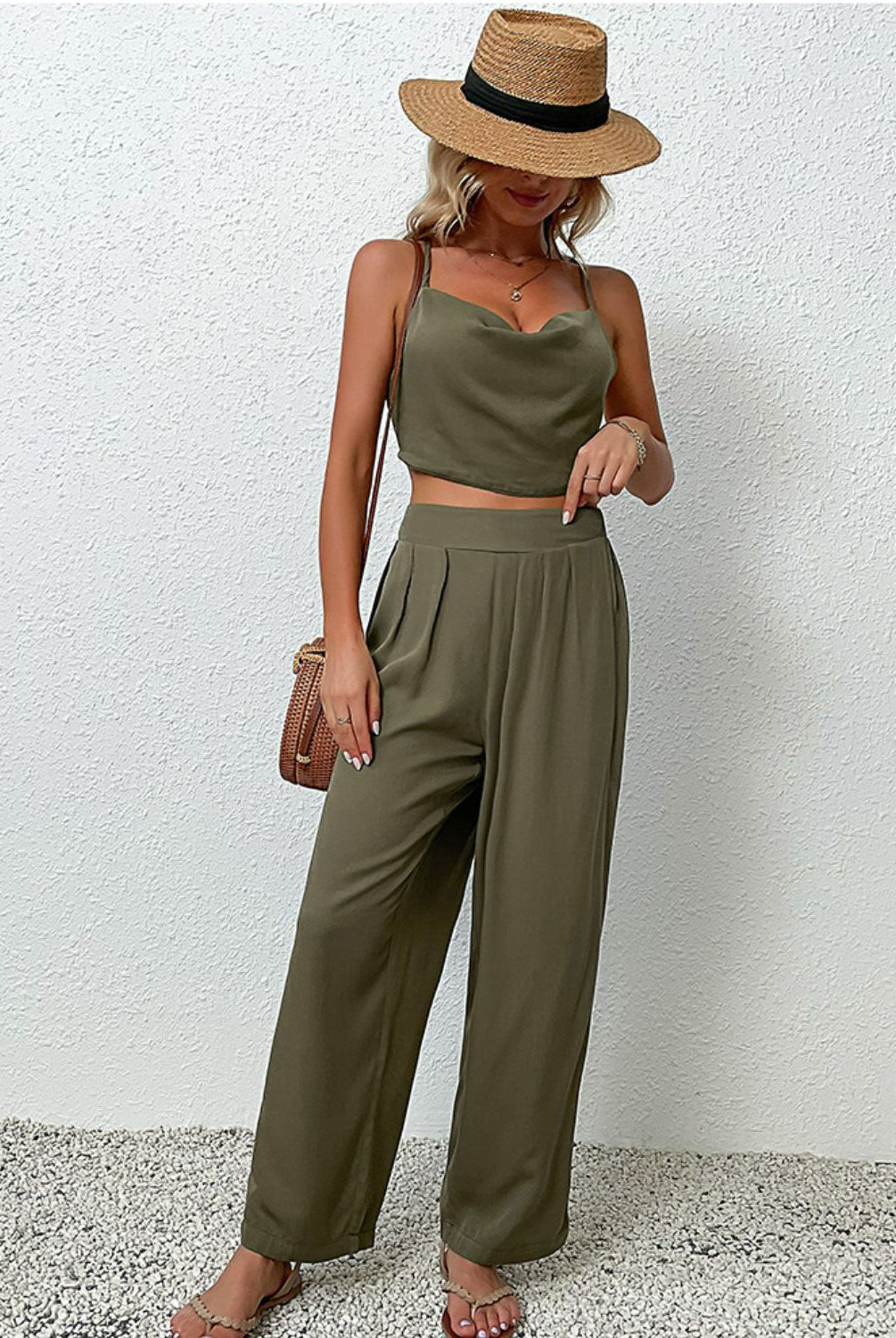 Light Gray Hustle & Heart Crisscross Back Cropped Top and Pants Set Outfit Sets