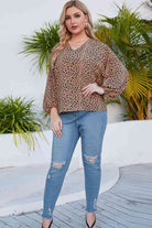 Gray Plus Size Animal Print Balloon Sleeve V-Neck Blouse Trends