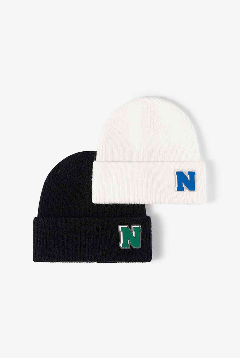 White Smoke Letter N Patch Cuffed Knit Beanie Winter Accessories