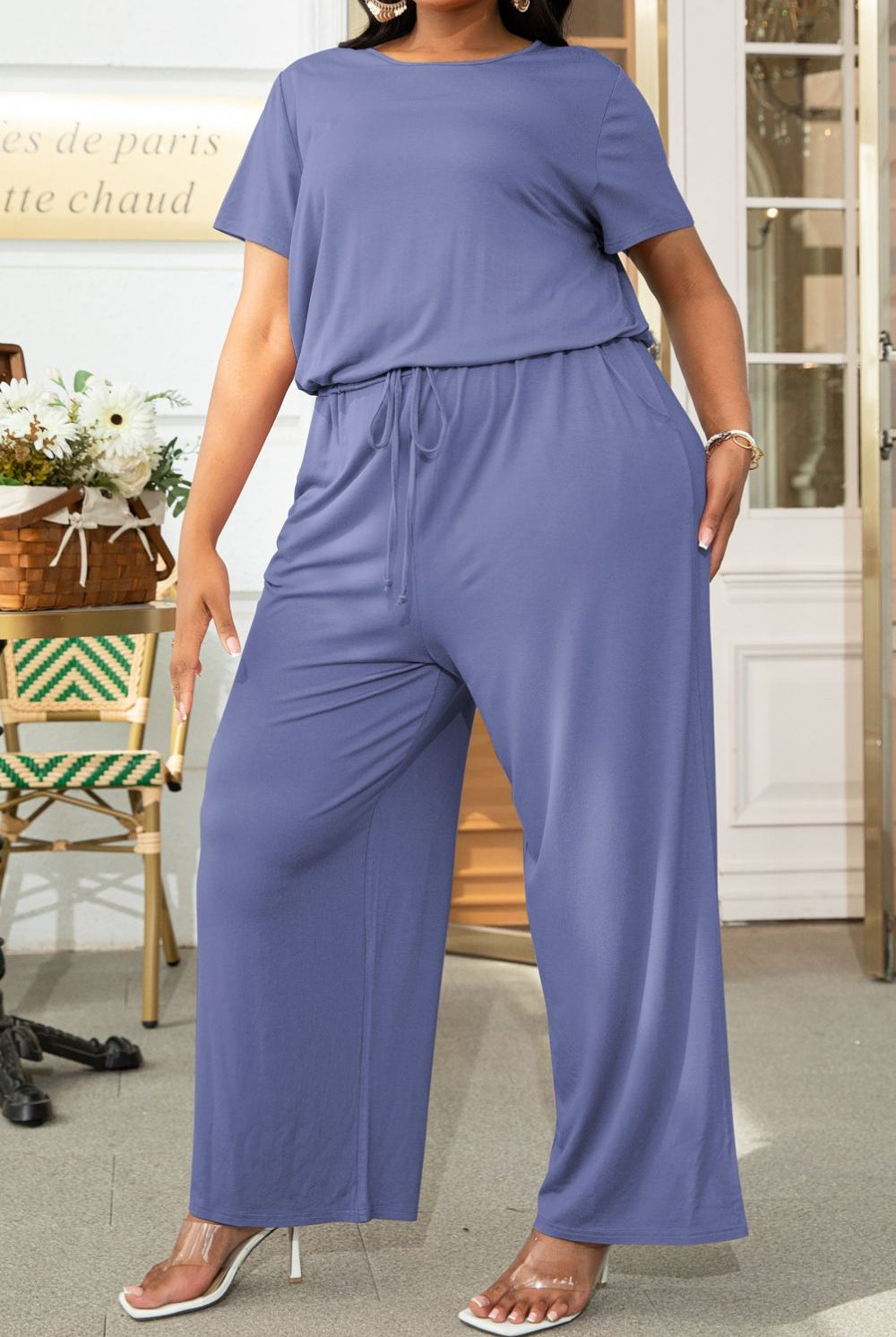 Light Slate Gray Plus Size Drawstring Waist Short Sleeve Jumpsuit Plus Size Clothes