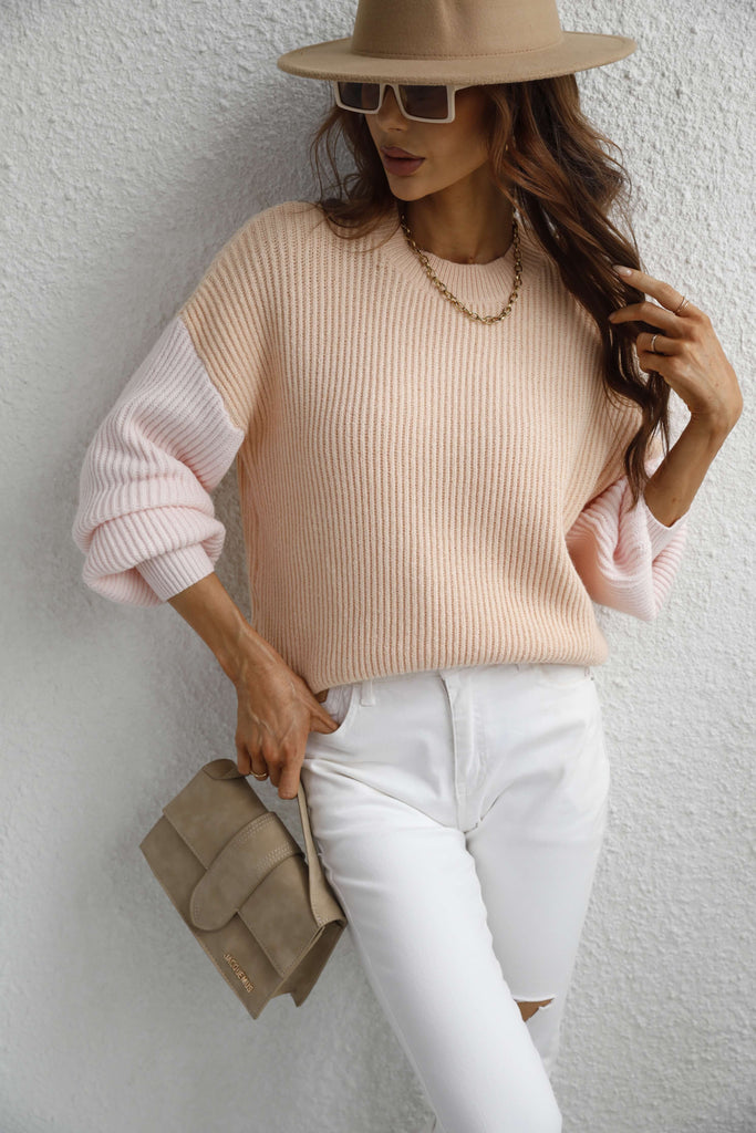 Dark Gray Sun Kissed Two-Tone Rib-Knit Dropped Shoulder Sweater Shirts & Tops