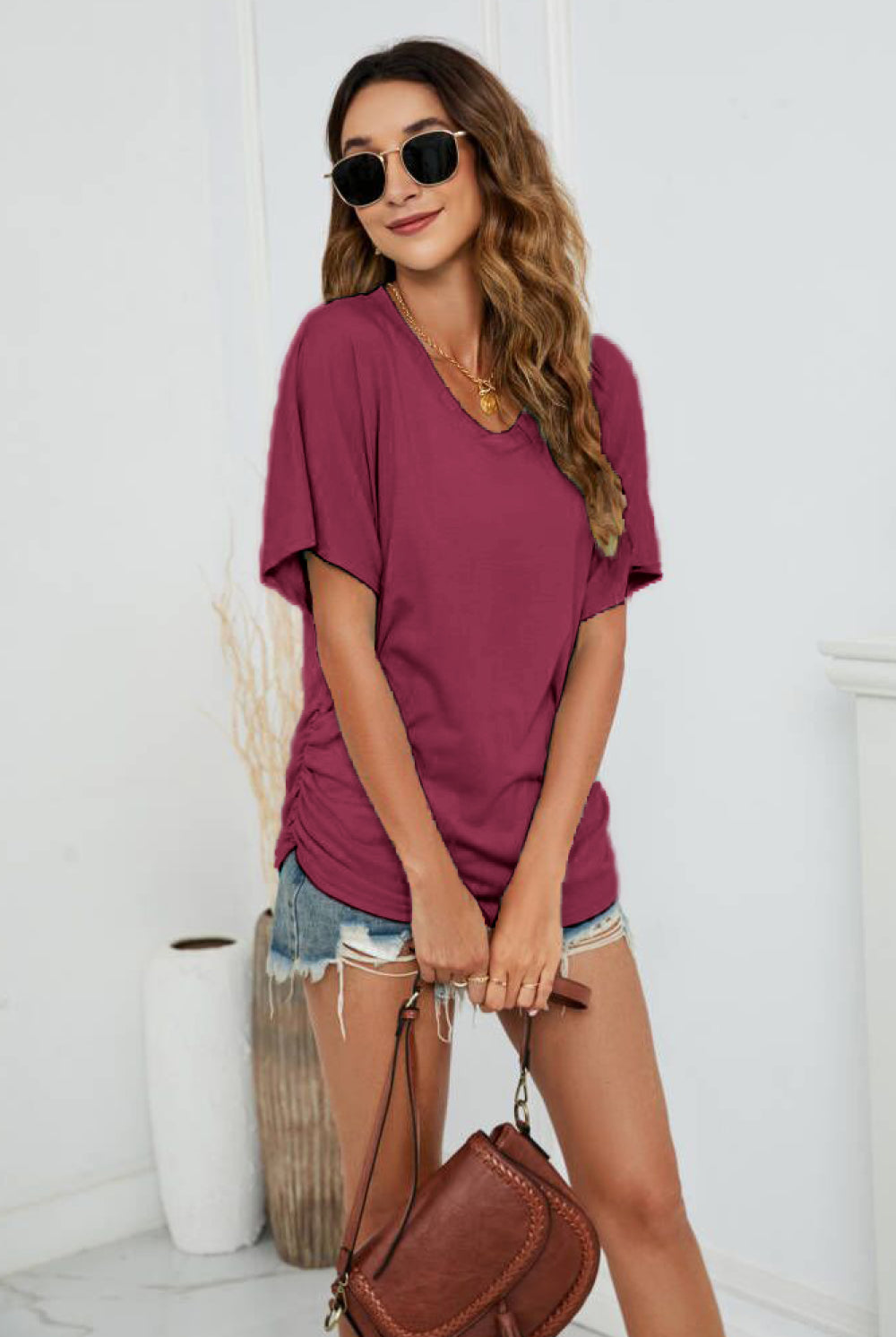 Light Gray V-Neck Side Ruched Tee Tops
