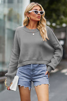 Slate Gray Round Neck Drop Shoulder Long Sleeve Sweater Clothing