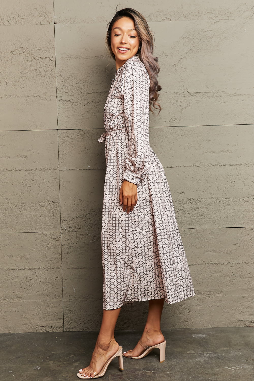 Rosy Brown Printed Tie Waist Long Sleeve Dress Clothing