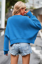 Steel Blue Round Neck Drop Shoulder Long Sleeve Sweater Clothing