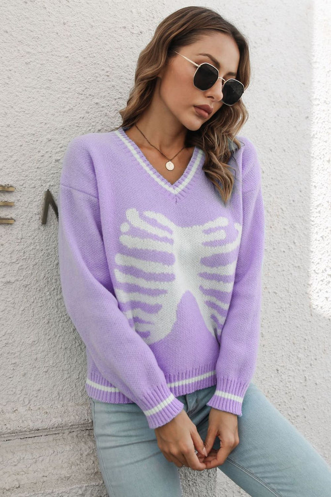 Gray Skeleton Pattern V-Neck Long Sleeve Pullover Sweater Clothing
