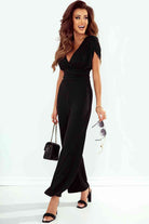 Black Tied Open Back Plunge Jumpsuit Clothes