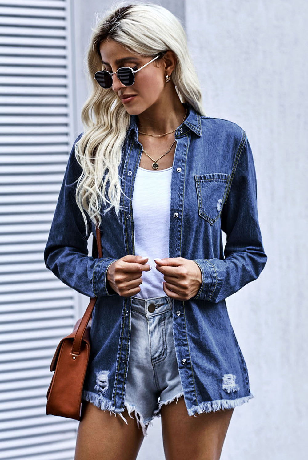 Dark Slate Gray Nothing Is Better Distressed Snap Down Denim Jacket Coats & Jackets