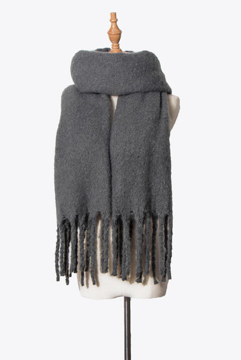 White Smoke Fringe Detail Polyester Scarf Winter Accessories