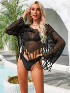 Gray Fringe Trim Flare Sleeve Openwork Cover Up Swimwear