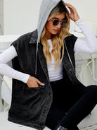 Black Hooded Sleeveless Denim Top with Pockets Denim