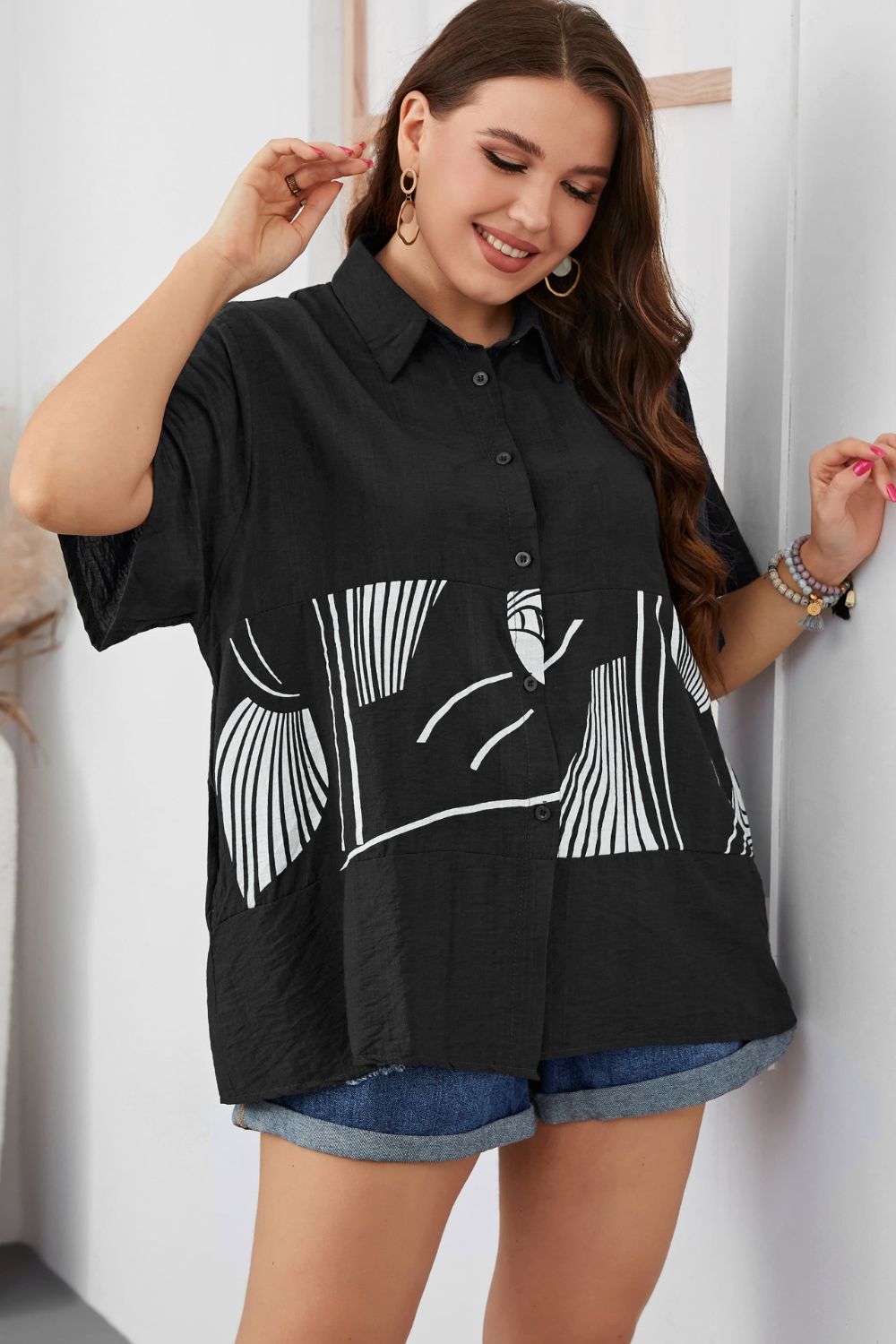 Black Plus Size Printed Flutter Sleeve Shirt Tops