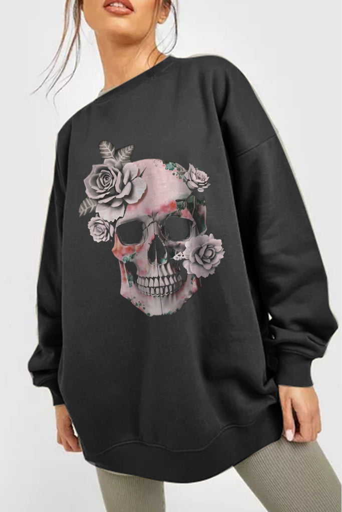 Light Gray Simply Love Simply Love Full Size Dropped Shoulder SKULL Graphic Sweatshirt Graphic Tees
