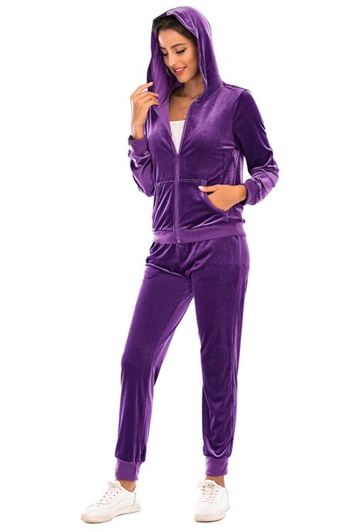 Dark Slate Blue Zip-Up Hooded Jacket and Pants Set New Year Looks