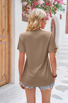 Rosy Brown Ruched V-Neck Short Sleeve Tee Tops