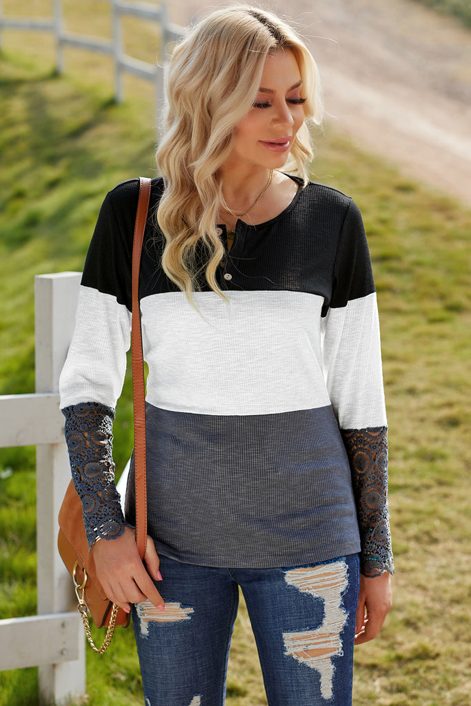 Dark Khaki It's Fall Y'all Color Block Spliced Lace Sleeve Ribbed Top Shirts & Tops