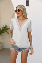 Light Gray Contrast V-Neck Swiss Dot Top Clothing