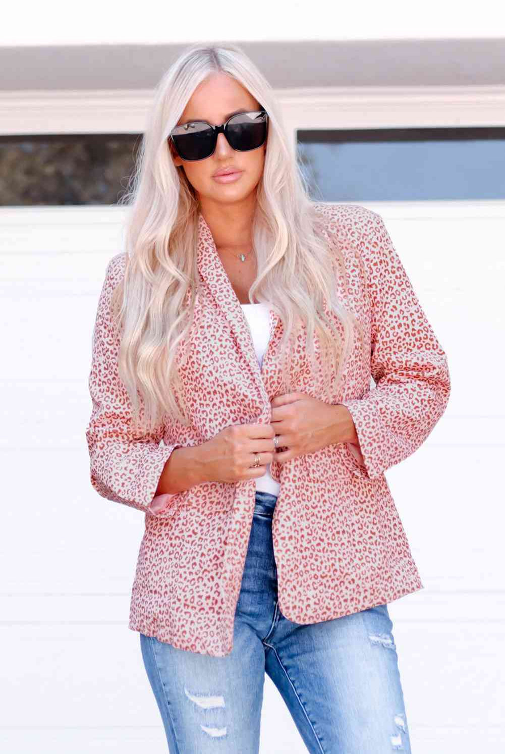 Light Gray I Like Pink Leopard Shawl Collar Blazer Blazers