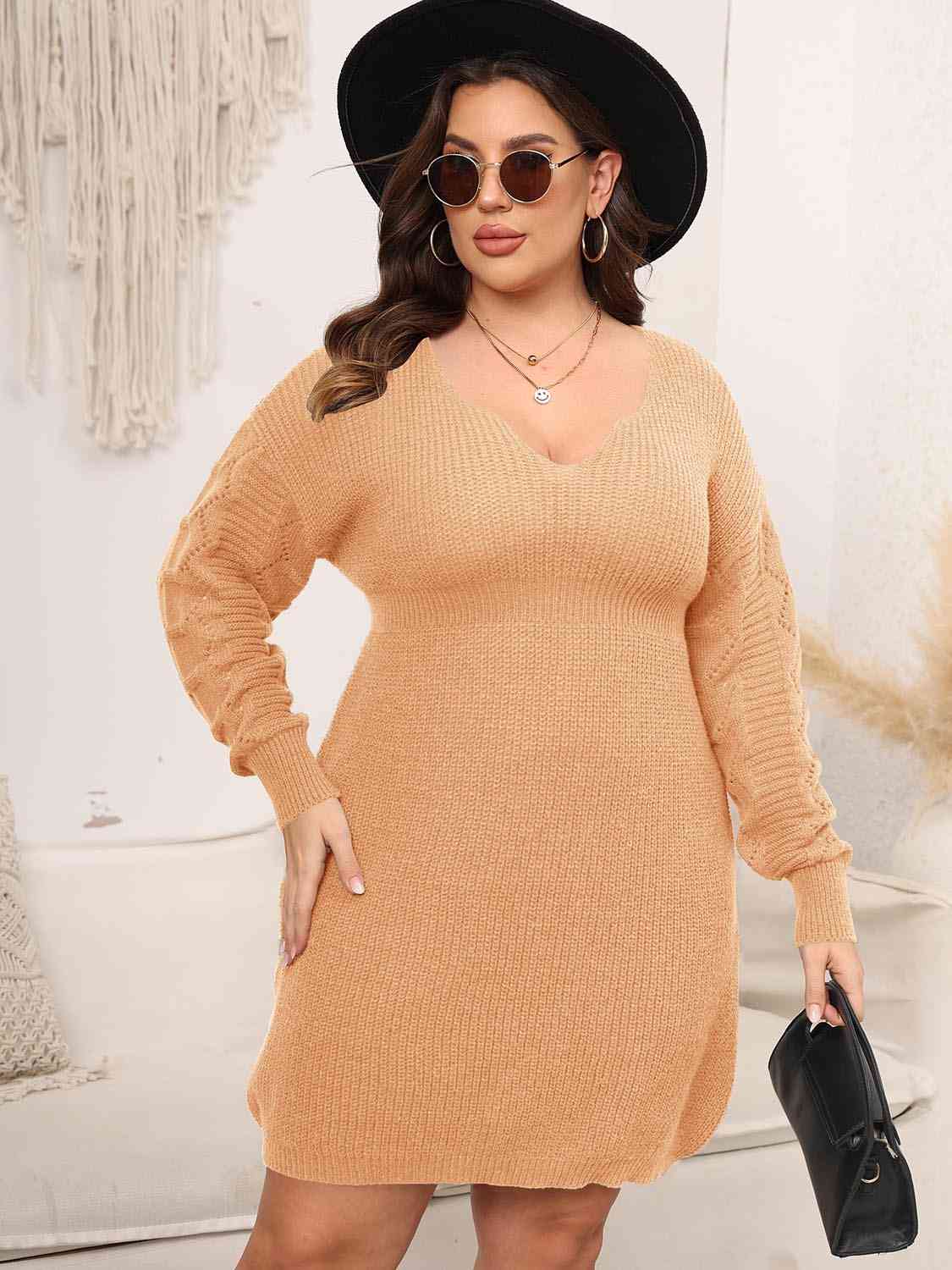 Wheat Plus Size Dropped Shoulder Long Sleeve Knit Mini Dress Plus Size Clothes