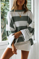 Gray Striped Round Neck Long Sleeve Sweater Holiday