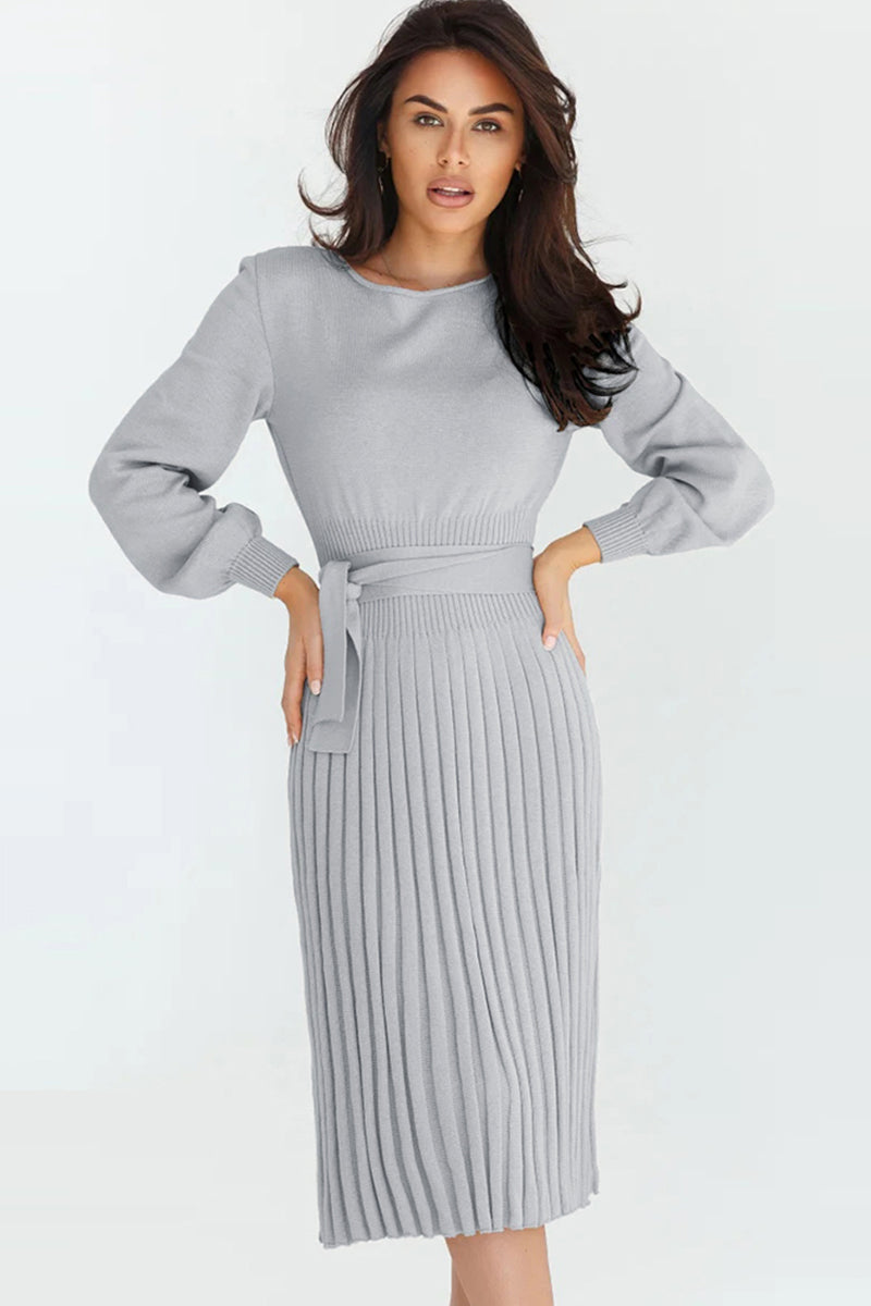 Light Gray Round Neck Long Sleeve Pleated Sweater Dress Clothing