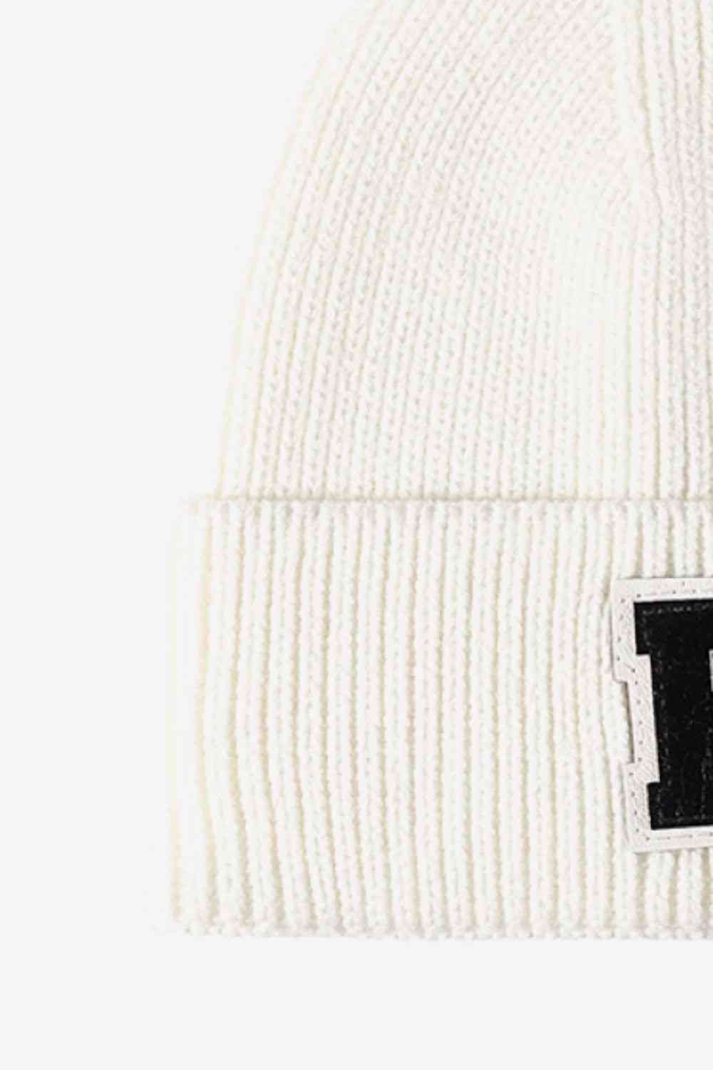 White Smoke Letter Patch Cuffed Knit Beanie Winter Accessories