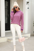 Light Gray Striped Round Neck Dropped Shoulder Sweater Capsule