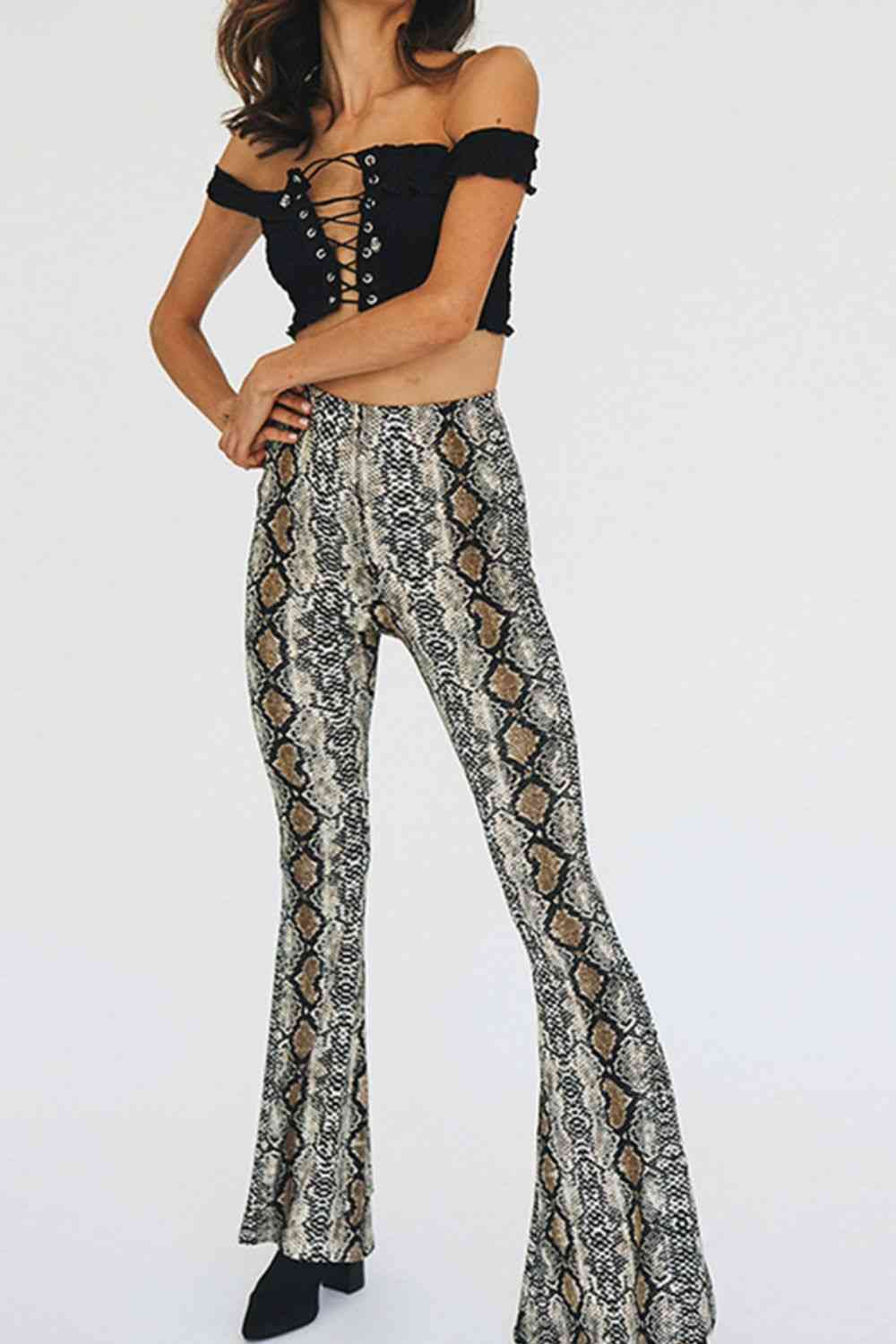 Lavender Snakeskin Print Flare Pants Clothes