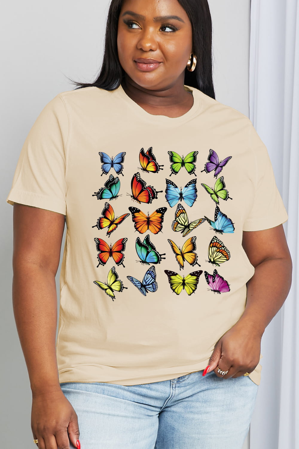 Light Gray Simply Love Full Size Butterfly Graphic Cotton Tee Tops