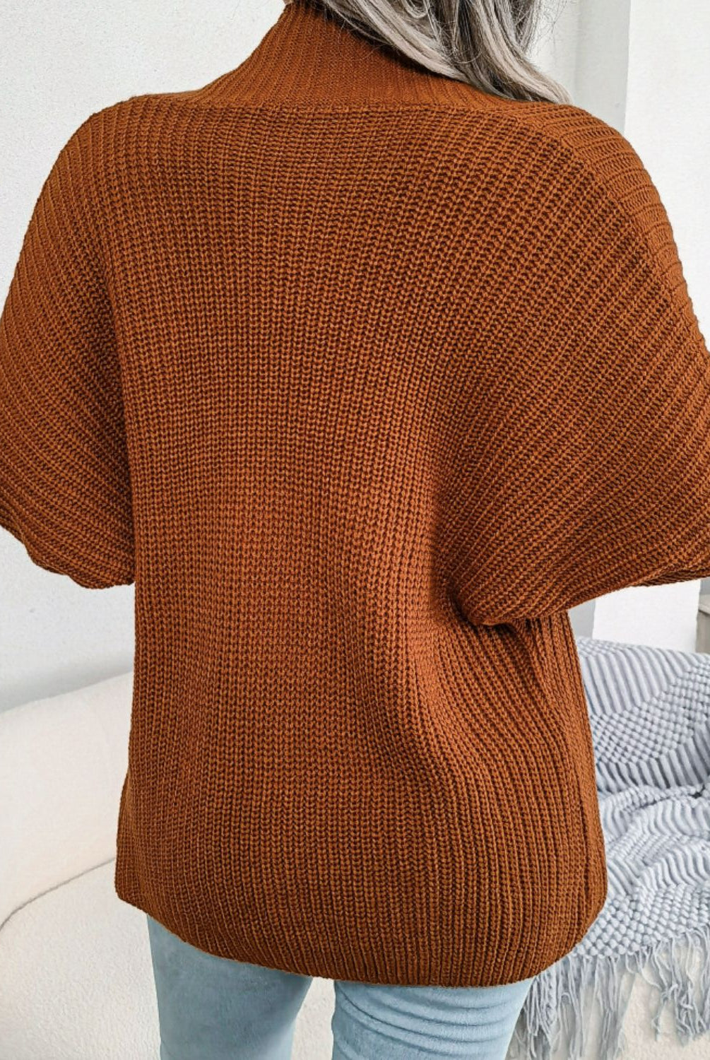 Saddle Brown Rib-Knit Open Front Dolman Sleeve Cardigan Shirts & Tops