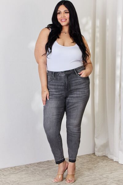 Gray Judy Blue Full Size High Waist Tummy Control Release Hem Skinny Jeans Plus Size Clothing