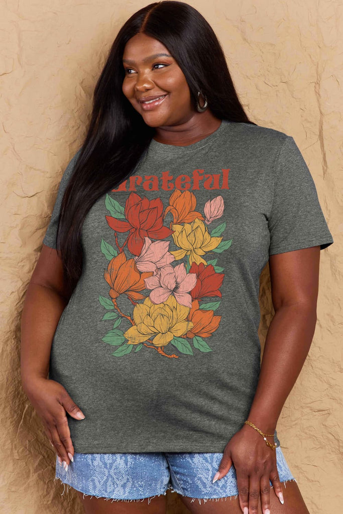 Dim Gray Simply Love Full Size GRATEFUL Flower Graphic Cotton T-Shirt Graphic Tees