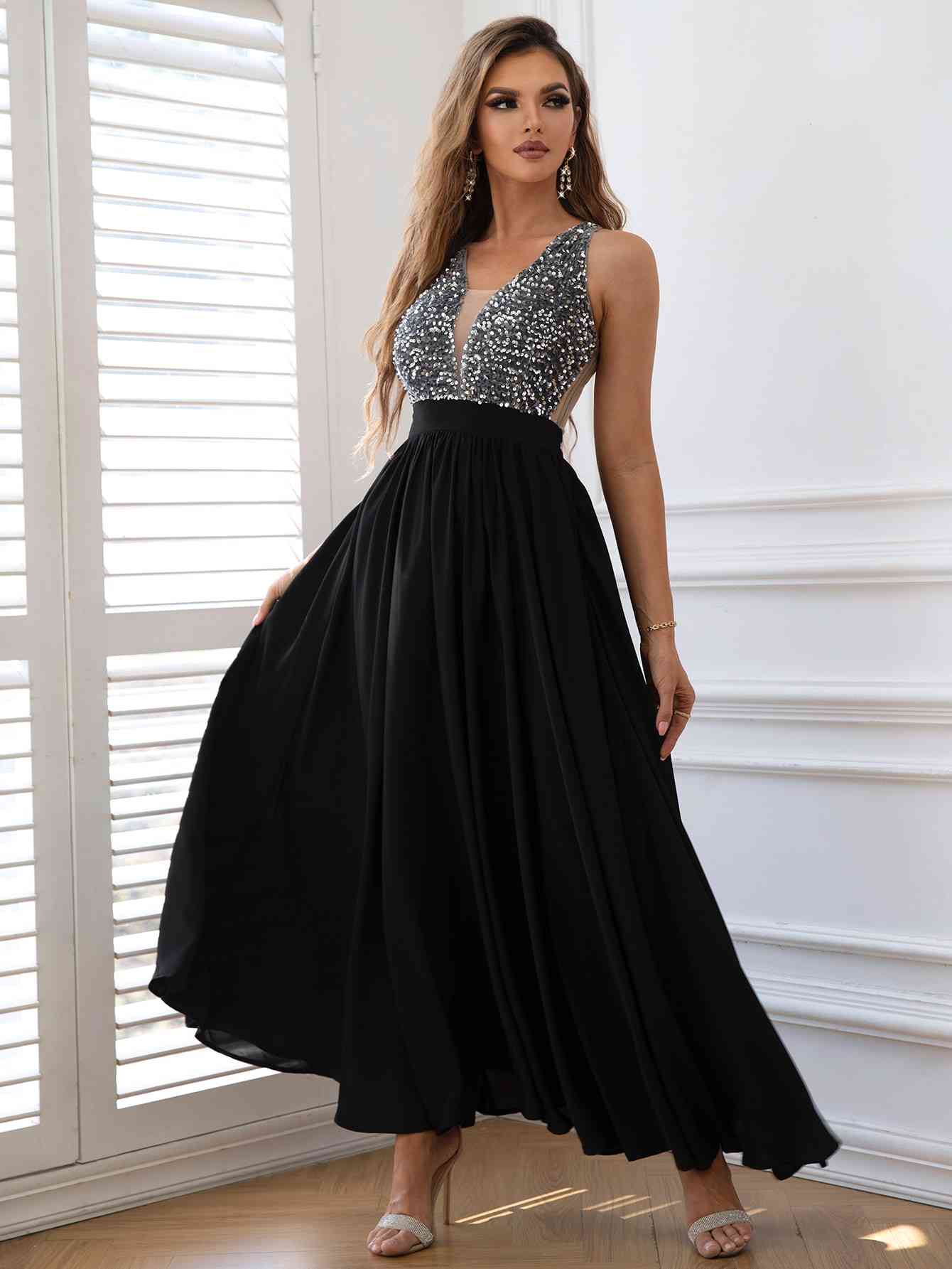 Black Contrast Sequin Sleeveless Maxi Dress Holiday