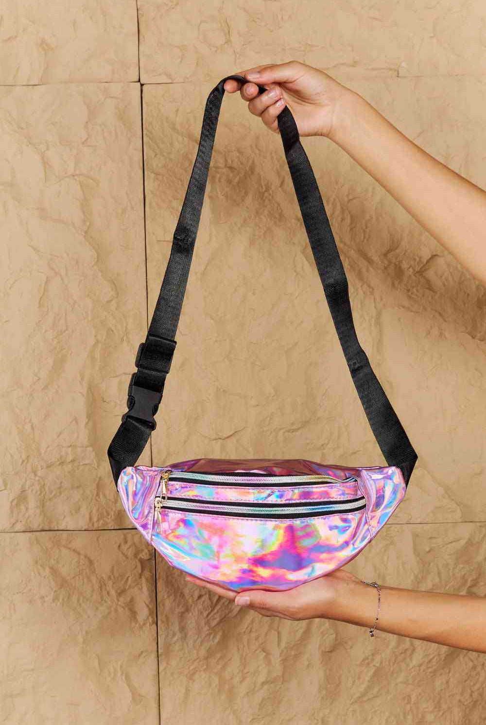 Rosy Brown Fame Good Vibrations Holographic Double Zipper Fanny Pack in Hot Pink Clothing