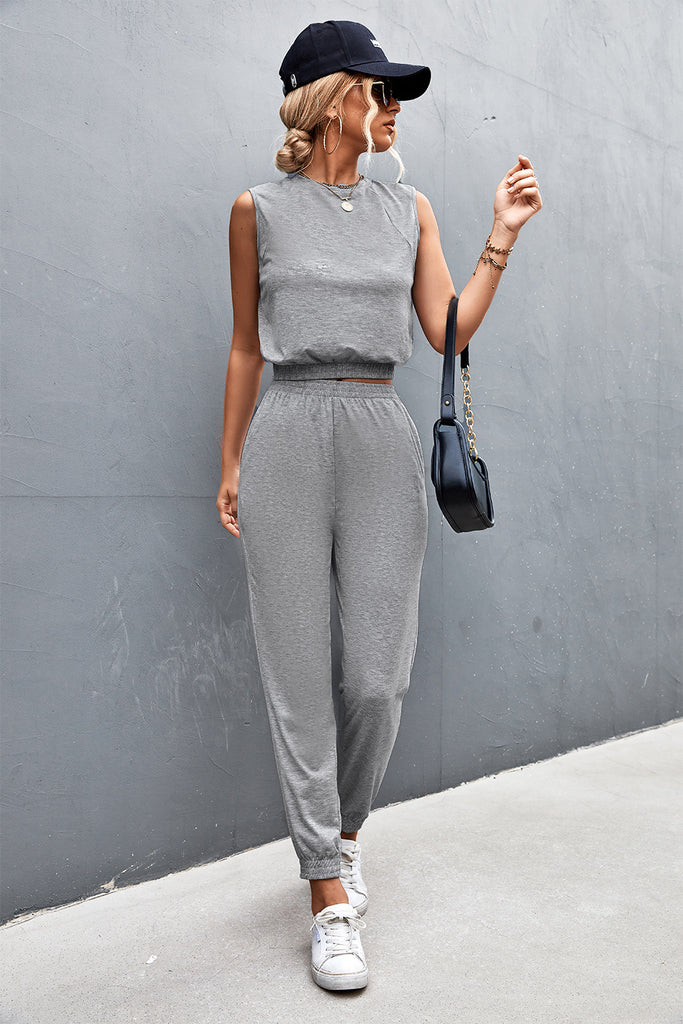 Dark Gray Sleeveless Top and Joggers Set Outfit Sets