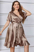 Gray Plus Size Belted Ruffled Surplice Dress Holiday