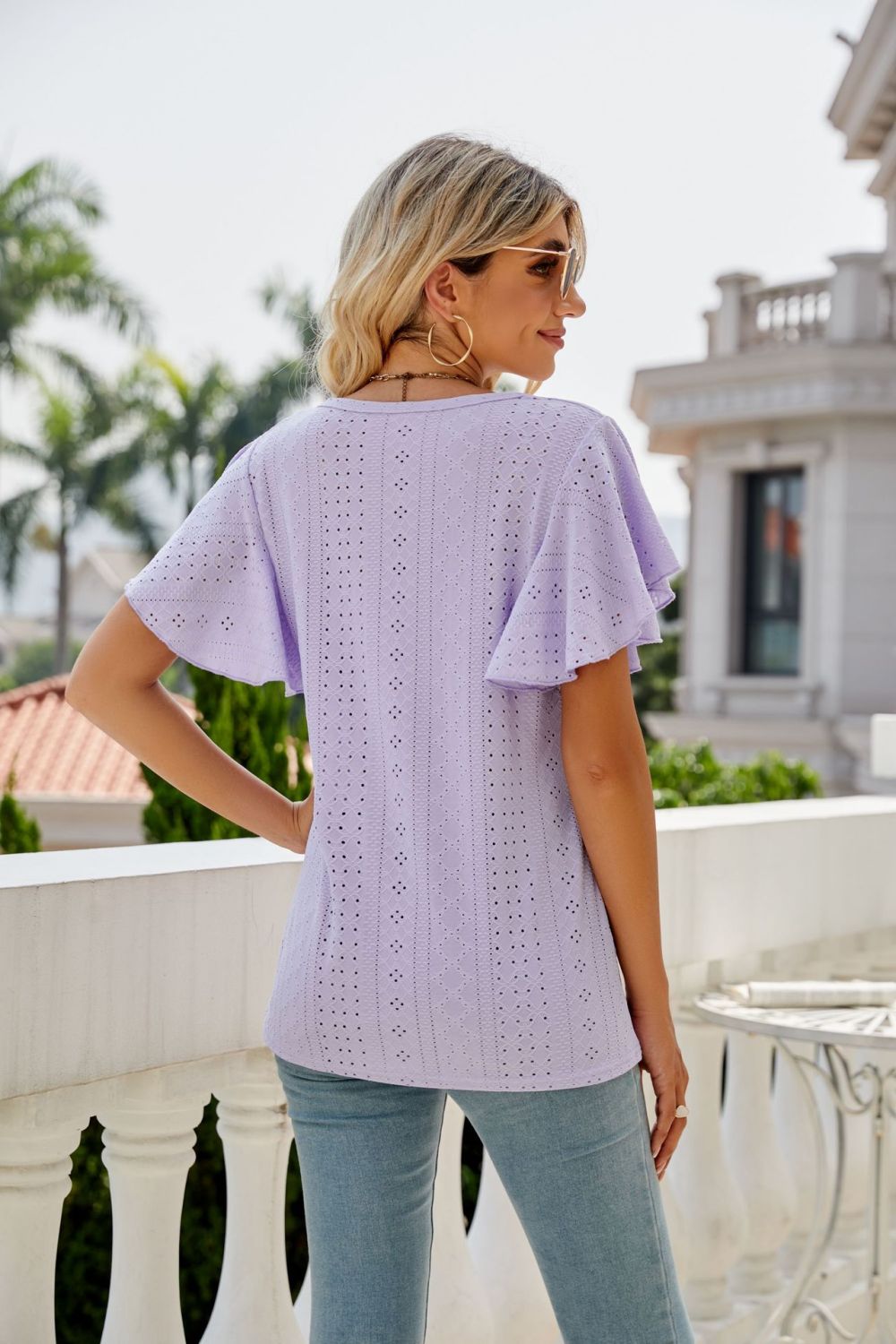 Gray Eyelet Flutter Sleeve Round Neck Top Tops