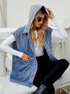 Gray Hooded Sleeveless Denim Top with Pockets Denim